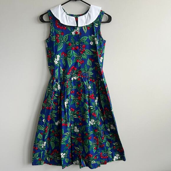 Vintage Just Ducky White Collar Fit Flare Dress Blue Cherry Print Sleeveless 14 - Picture 4 of 5